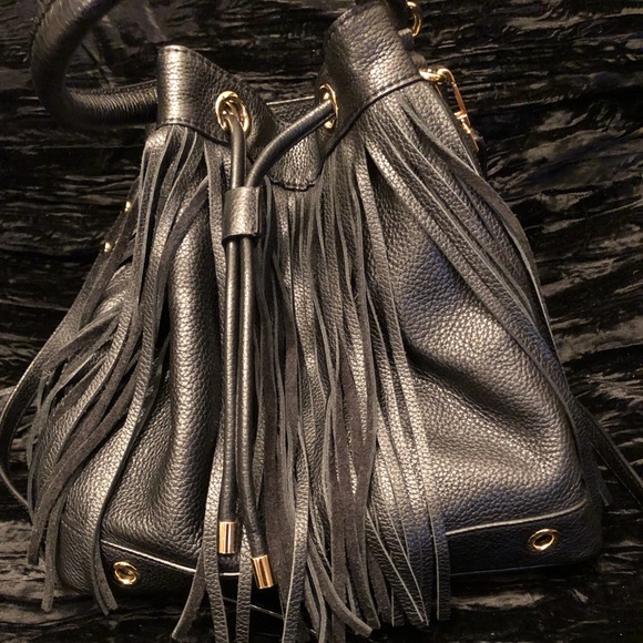 Milly Black Leather Fringe Bucket Bag